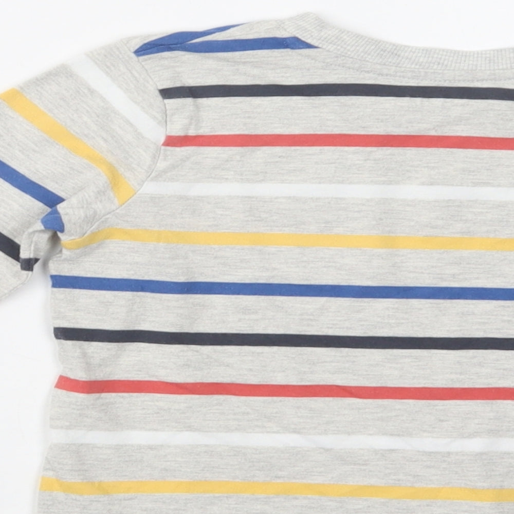Brand and care label for Nutmeg girls’ grey striped cotton basic blouse, size 4-5, years crew neck