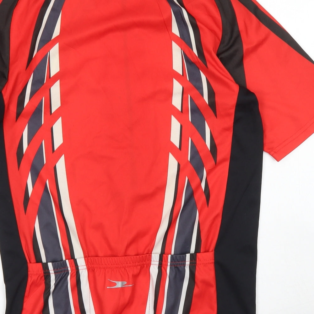 Brand and care label for Crane men’s red colourblock polyester basic t-shirt, size S, crew neck zip