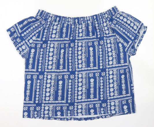 TU Womens Blue Floral Cotton Cropped T-Shirt Size 16 Off the Shoulder