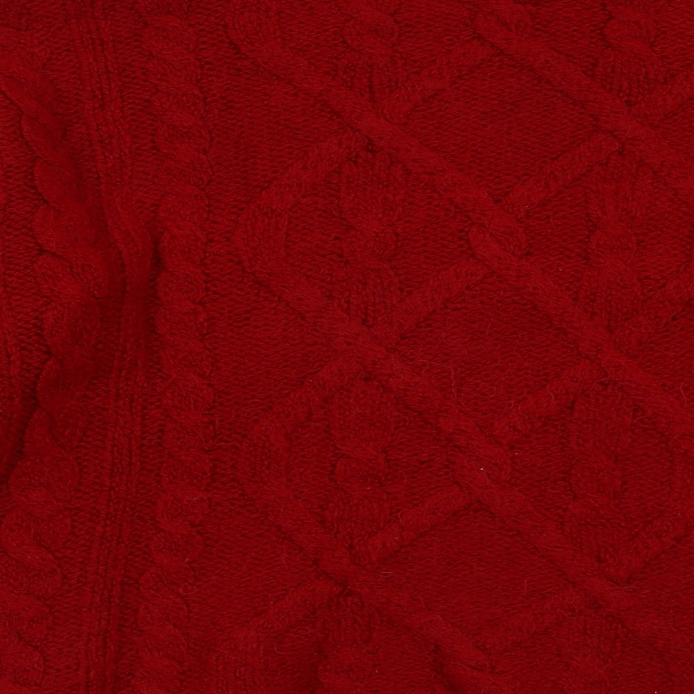 Brand and care label for Formula X women’s red argyle/diamond acrylic pullover sweatshirt, size UK 14, pullover