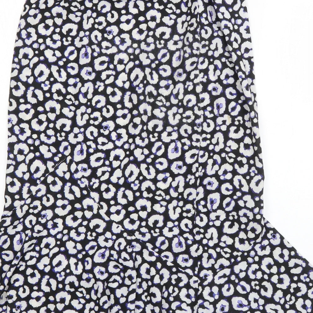 Brand and care label for Boohoo women’s blue animal print polyester straight & pencil skirt, size UK 8