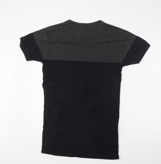 Back view of Aces Couture men’s black colourblock cotton t-shirt, size M, crew neck
