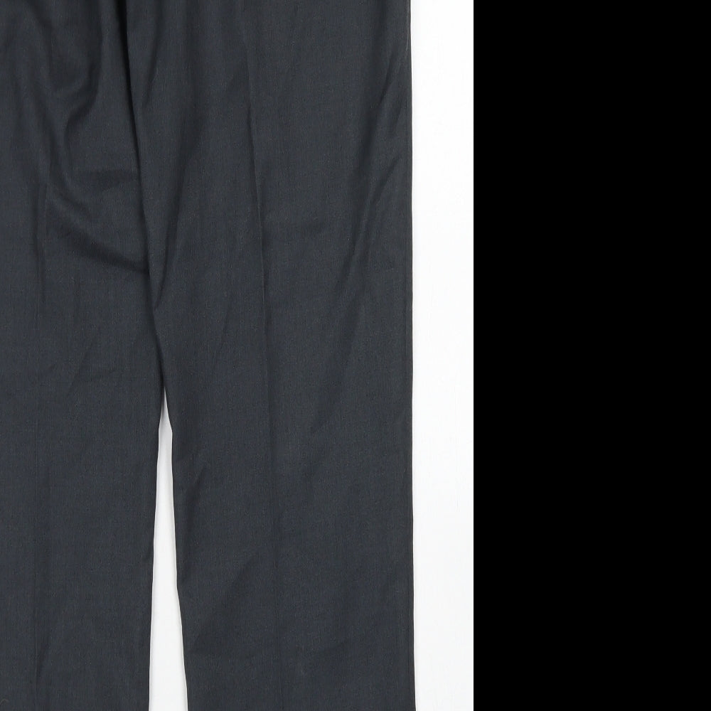 Brand and care label for Tailor & Cutter men’s grey polyester dress pants trousers, size 34, in, 31-inch leg regular button