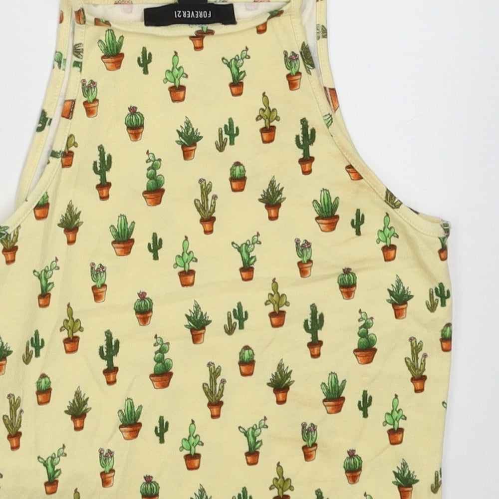 FOREVER 21 Womens Yellow Geometric Cotton Cropped Tank Size S Square Neck - Cactus