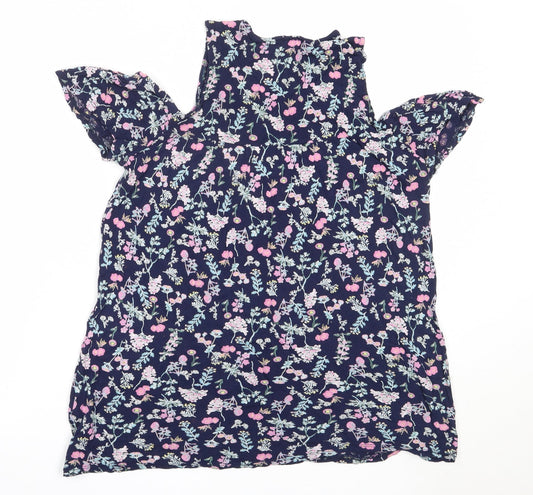 Papaya Womens Blue Floral Viscose Basic T-Shirt Size 10 Round Neck