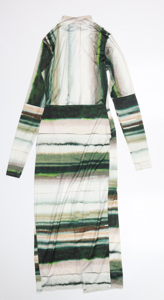 PRETTYLITTLETHING Womens Multicoloured Striped Polyester Pencil Dress Size 8 Mock Neck