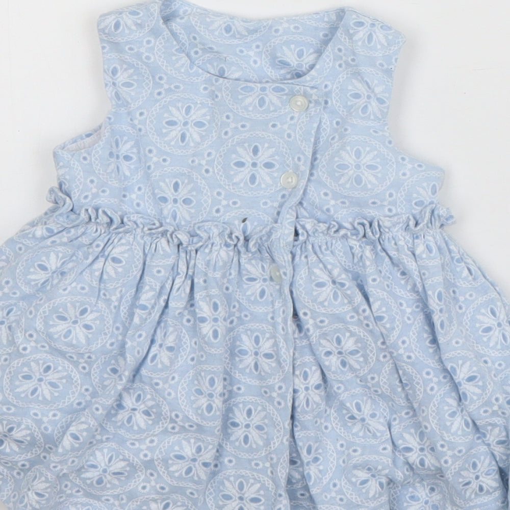 Matalan Girls Blue Geometric Cotton Tank Dress Size 3-6 Months Round Neck Button