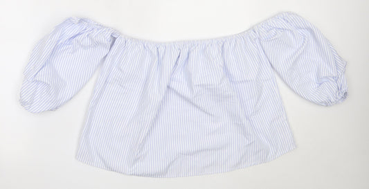 Additional front view of Quiz women’s white striped polyester basic blouse, size UK 10, off the shoulder