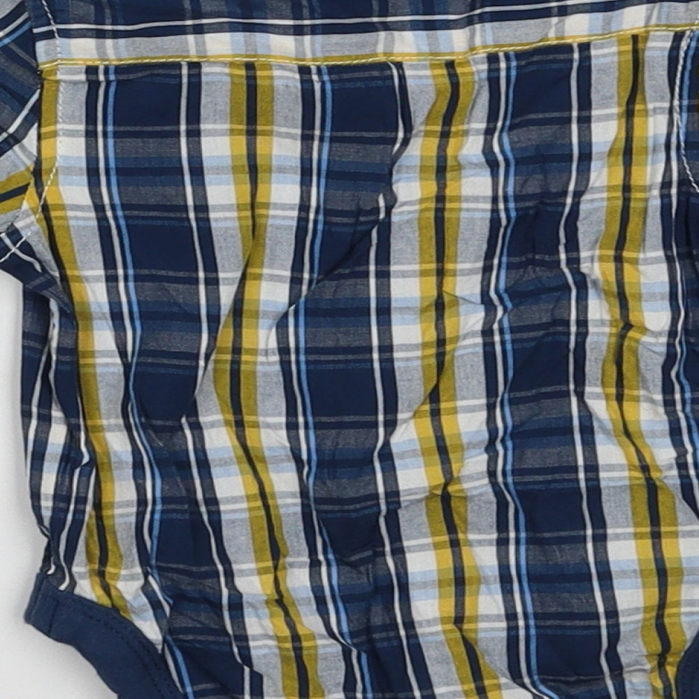 Brand and care label for Mothercare boys’ black check cotton basic polo, size 0-3, months collared button