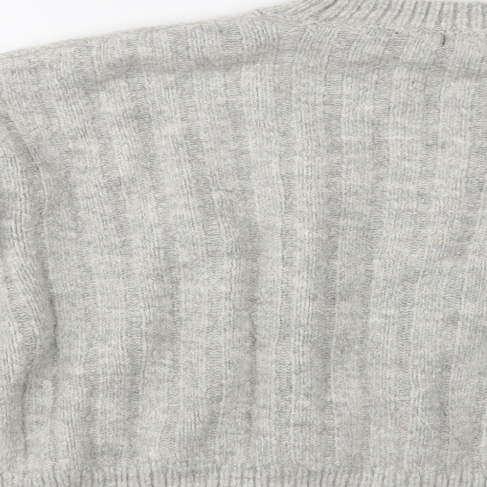 Brand and care label for F&F women’s grey crew neck acrylic jumper, size UK 8