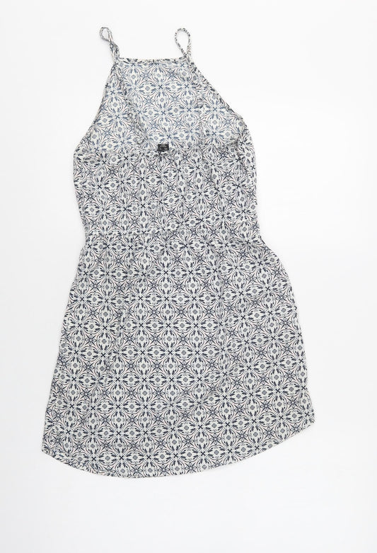 Primark Womens Blue Geometric Polyester Tank Dress Size 6 Square Neck Drawstring