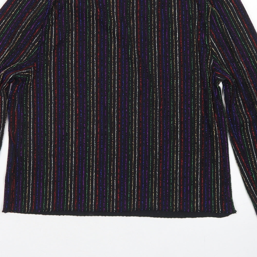 Primark Womens Black Striped Nylon Cropped T-Shirt Size 2XS Crew Neck