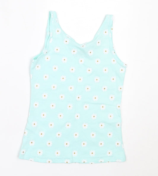Primark Girls Blue Floral Cotton Basic Tank Size 5-6 Years Round Neck