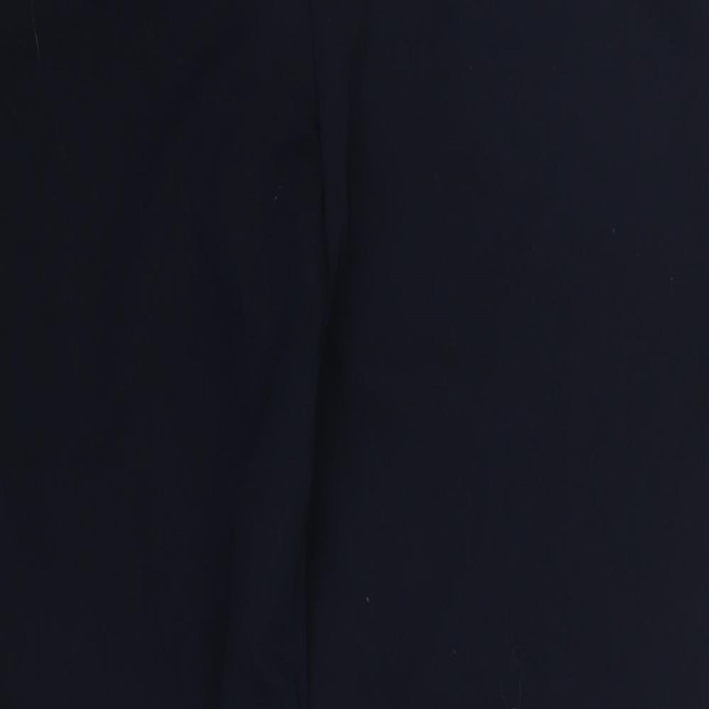 Brand and care label for F&F women’s blue polyester trousers, size UK 12, 27-inch leg regular hook & eye