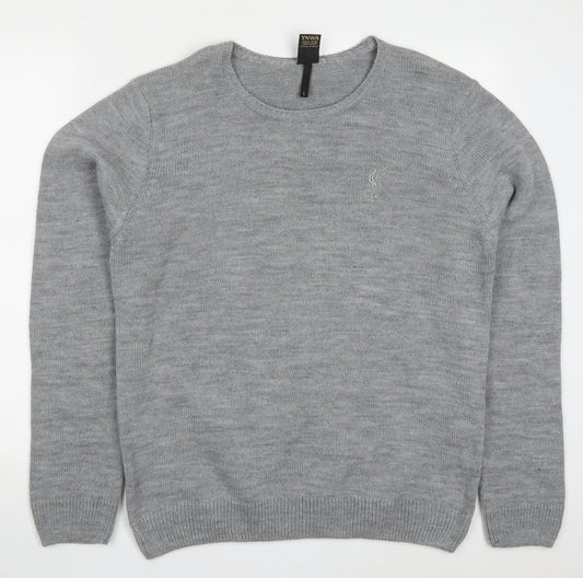 Additional front view of :FC men’s grey round neck acrylic jumper, size L
