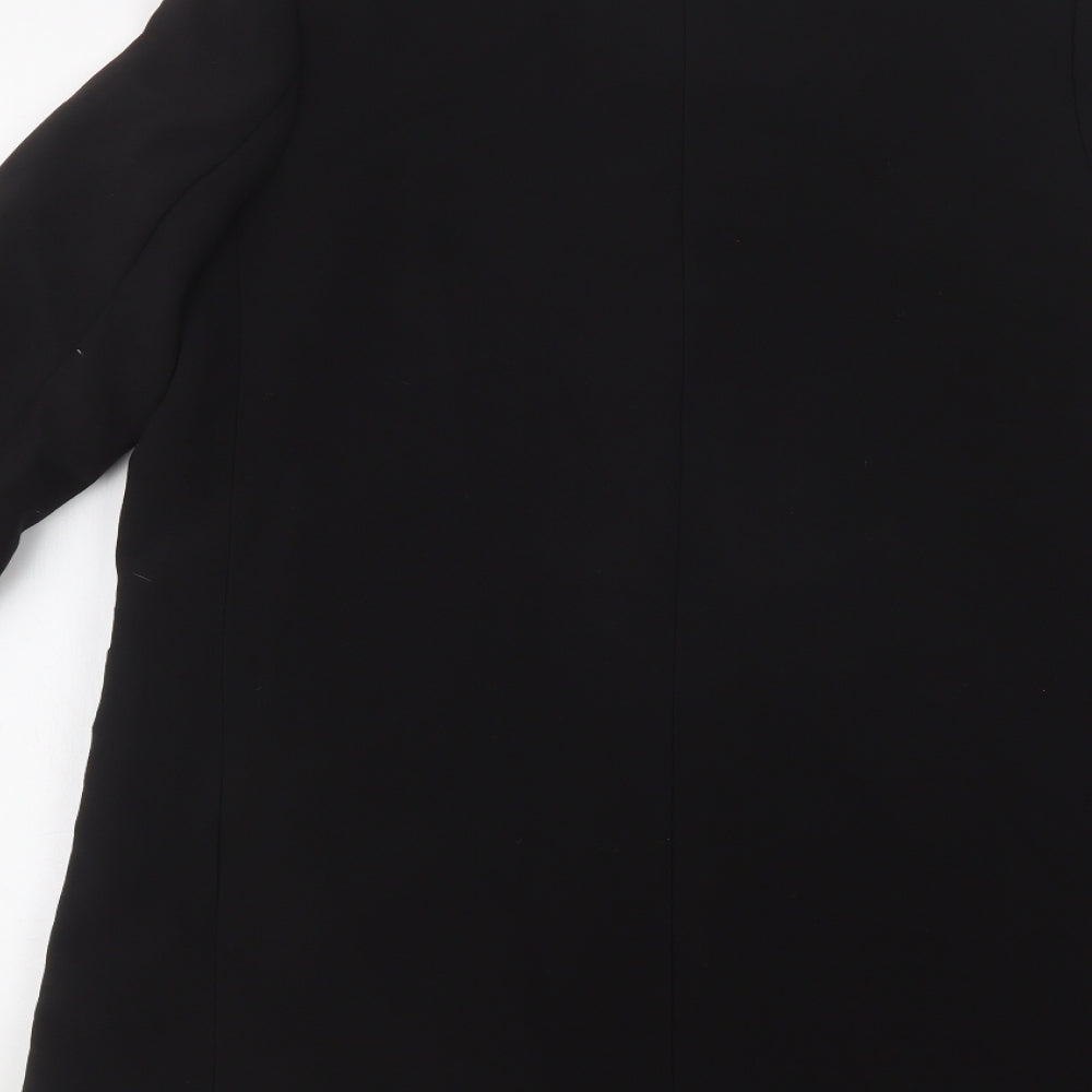 Brand and care label for Missguided women’s black overcoat blazer, size UK 8, hook & eye