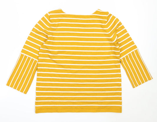 Back view of Tu women’s yellow round neck striped polyester jumper, size UK 12