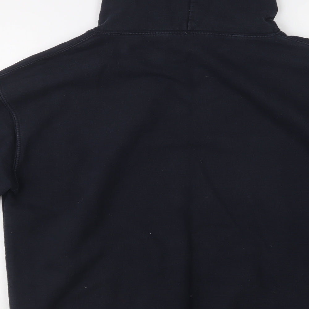 Brand and care label for Awdis men’s blue cotton pullover hoodie, size L