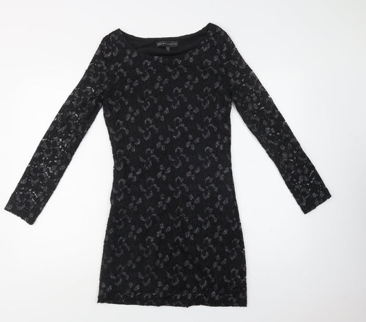 Additional front view of Mela Loves London women’s black floral polyester bodycon, size UK 10, round neck - lace overlay