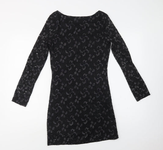 Mela Loves London Womens Black Floral Polyester Bodycon Size 10 Round Neck - Lace Overlay