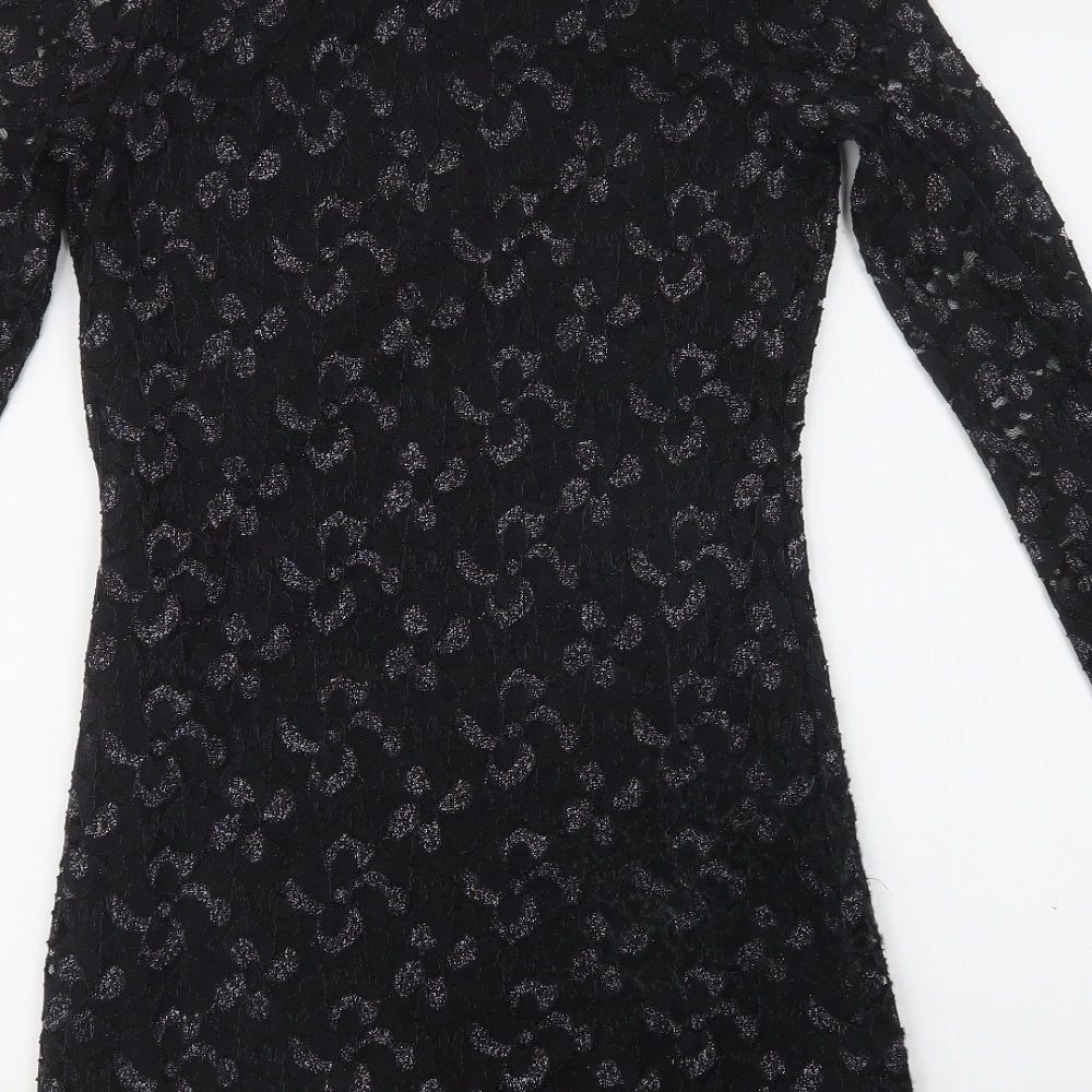 Brand and care label for Mela Loves London women’s black floral polyester bodycon, size UK 10, round neck - lace overlay