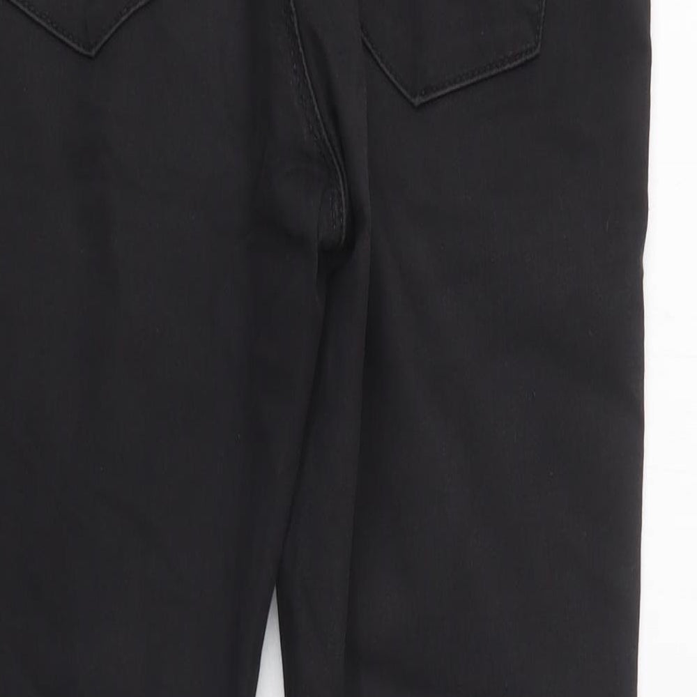 Brand and care label for Topshop women’s black cashgora skinny jeans, size UK 28, 30-inch leg regular button