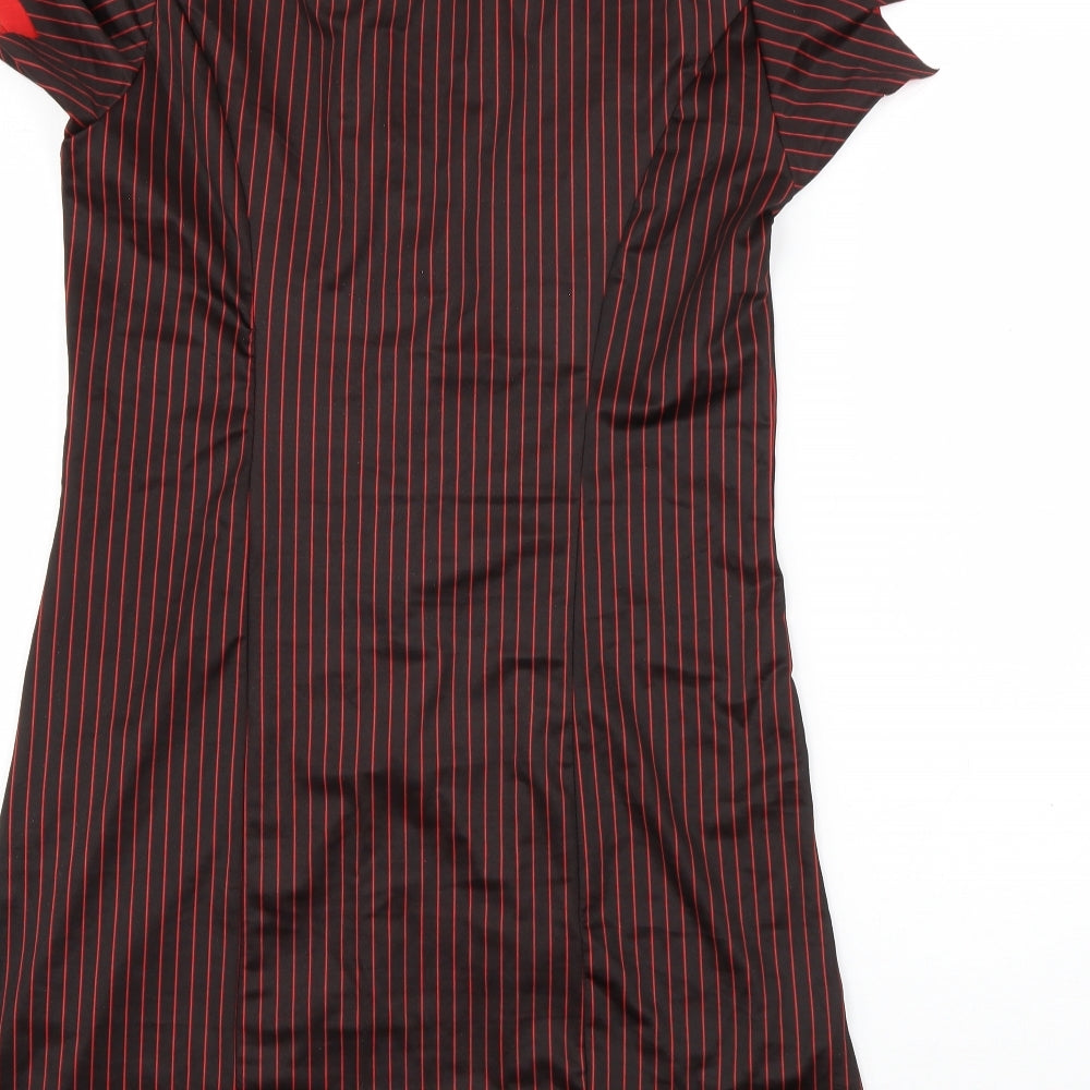 Brand and care label for Smiffys women’s black striped polyester bodycon, size M, collared zip - bullet wound dress