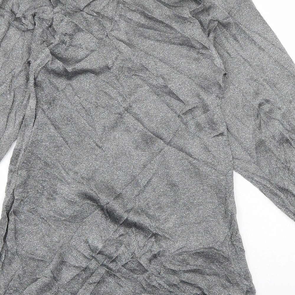 Brand and care label for Topshop women’s grey viscose t-shirt dress, size UK 10, v-neck pullover