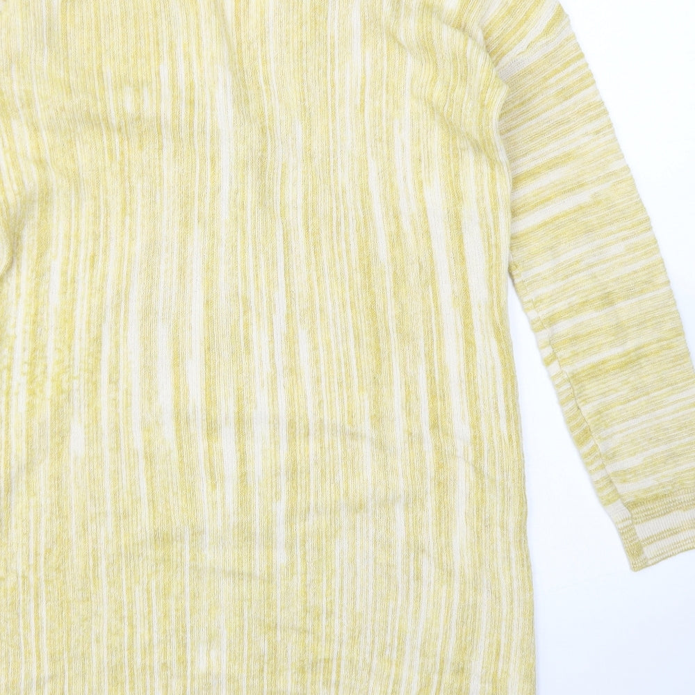 Brand and care label for Tu women’s yellow v-neck striped cotton cardigan jumper, size UK 8