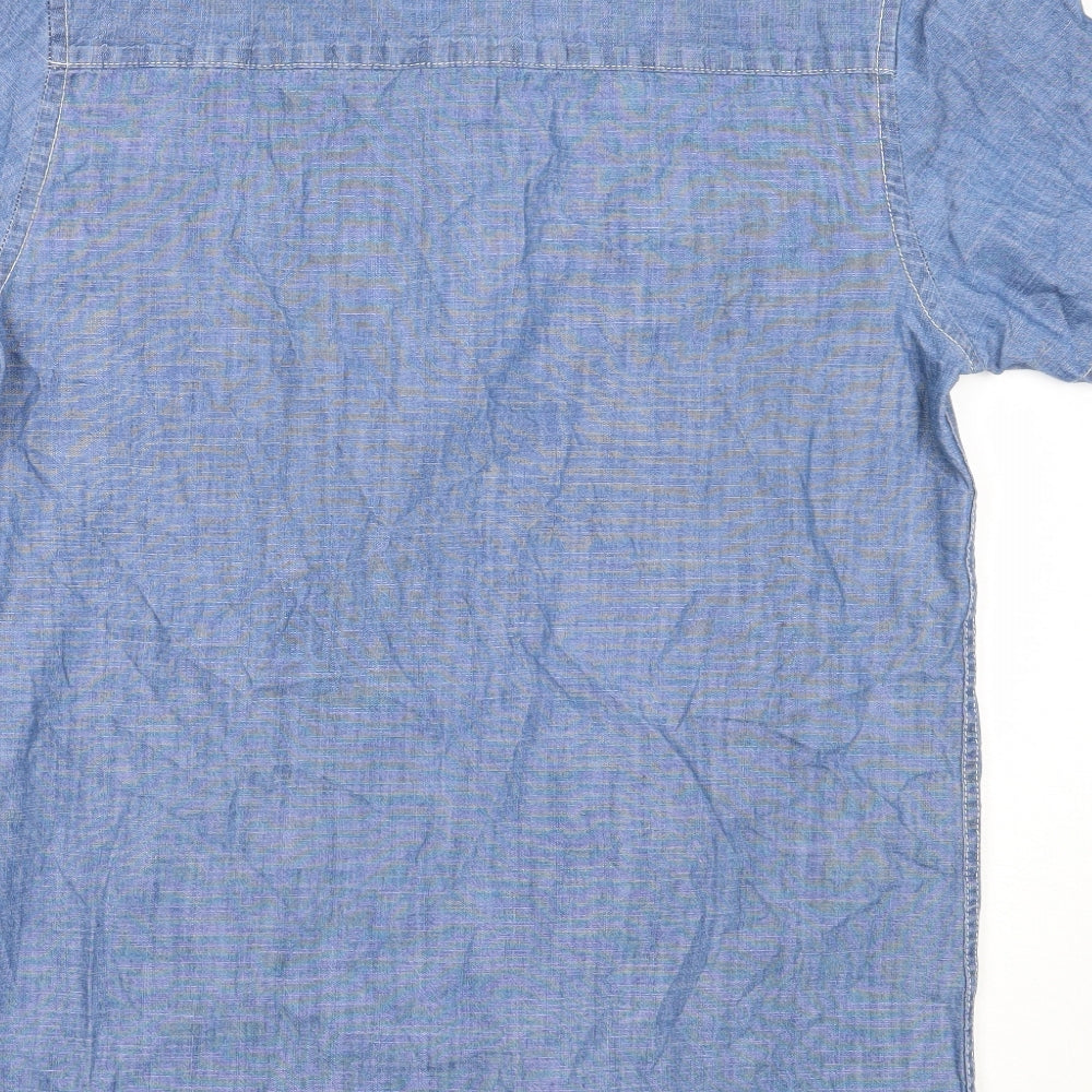 Brand and care label for The Stronghold men’s blue cotton button-up, size XS, collared