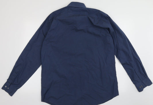 Mens UK Size 16 Marks and Spencer Blue Button-Up Long Sleeve Casual Shirt
