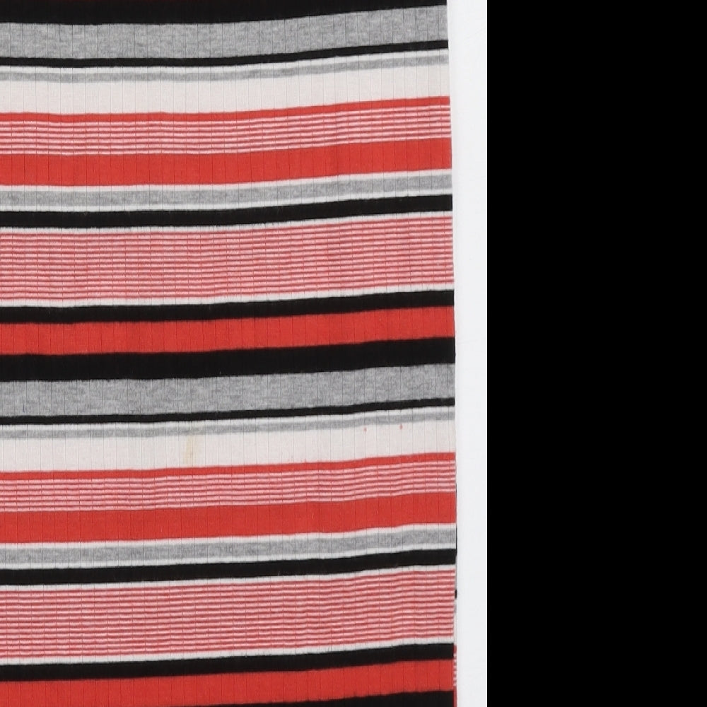 Brand and care label for Matalan women’s red striped polyester a-line skirt, size UK 8