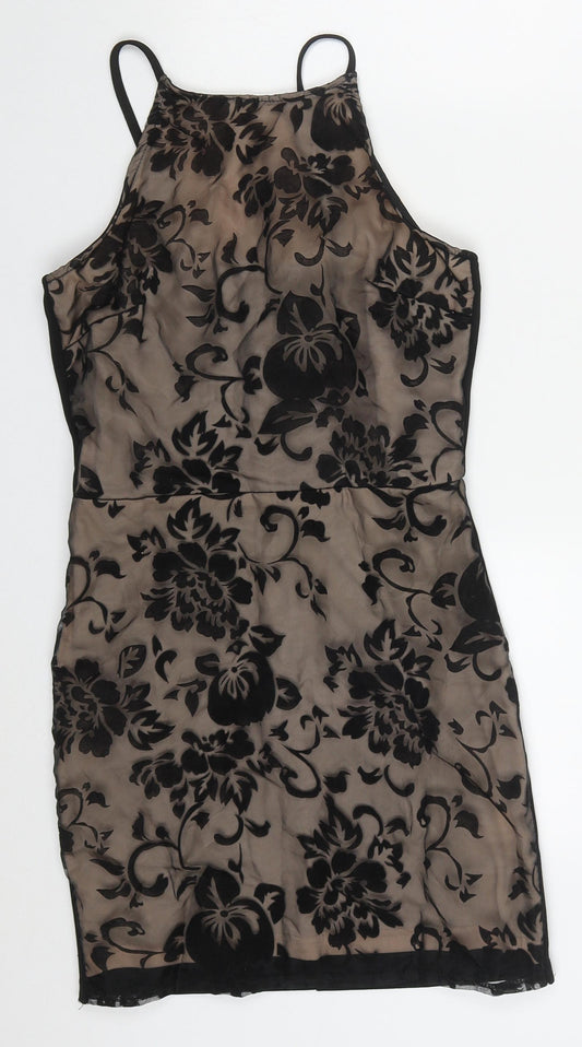 Additional front view of Parisian women’s black floral polyester mini, size UK 8, round neck zip