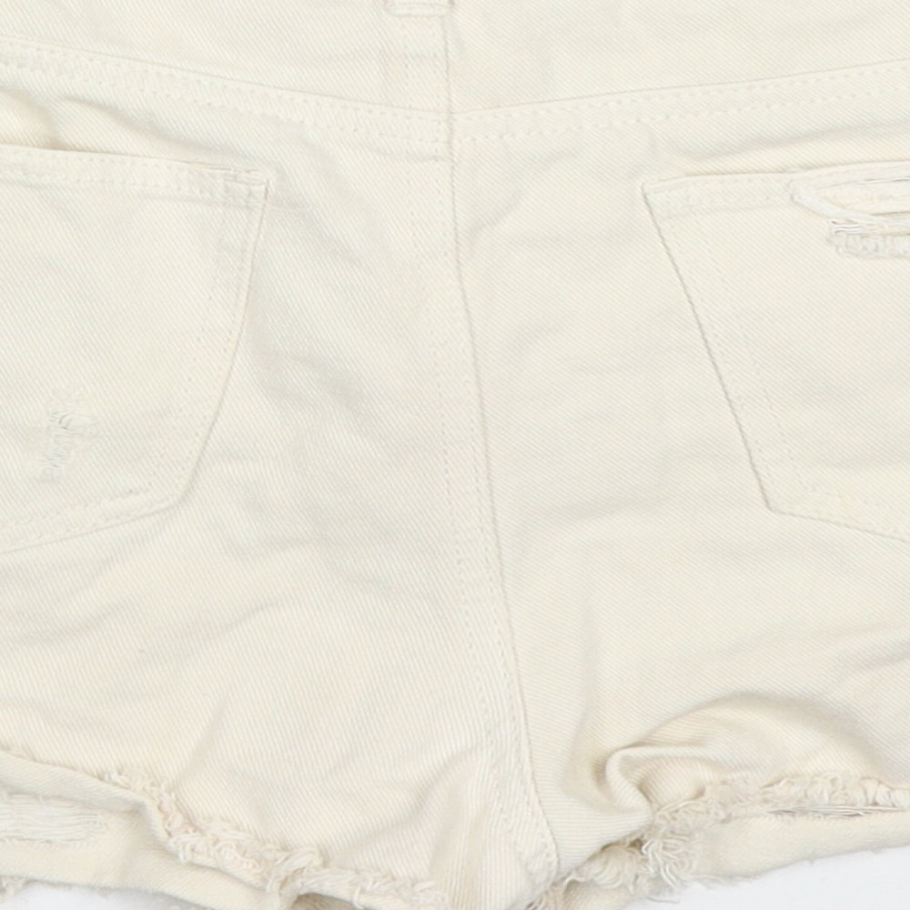 Brand and care label for Denim Co women’s beige cotton hot pants shorts, size UK 10, regular button - distressed look