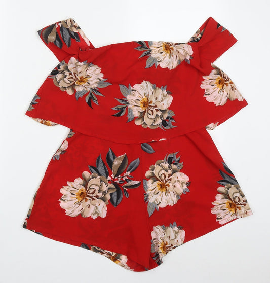 Additional front view of Missguided women’s red floral polyester playsuit one-piece, size UK 8, 3-inch leg zip