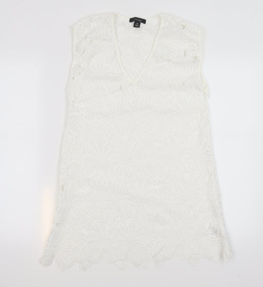 Additional front view of Atmosphere women’s white floral polyester mini, size M, v-neck pullover - beach cover up dress