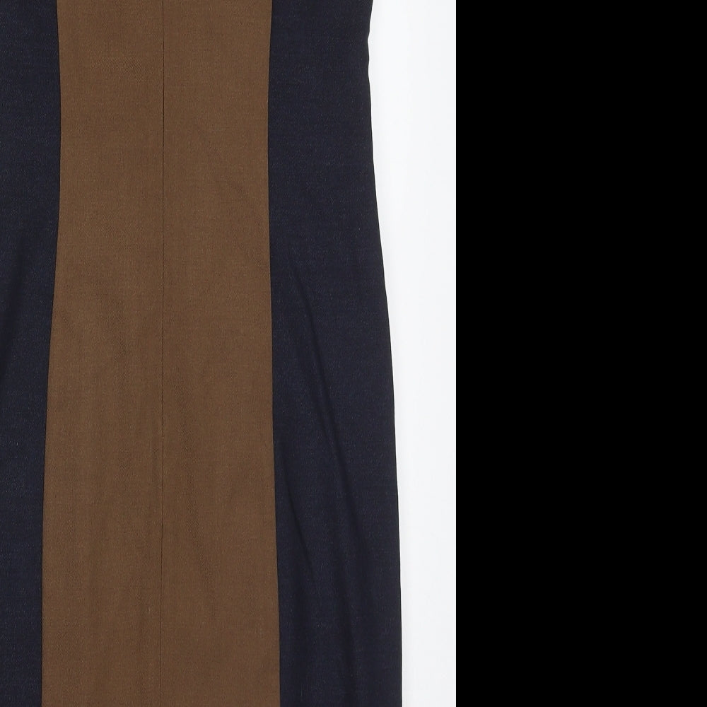 Brand and care label for Next women’s brown colourblock polyester pencil dress, size UK 10, off the shoulder zip