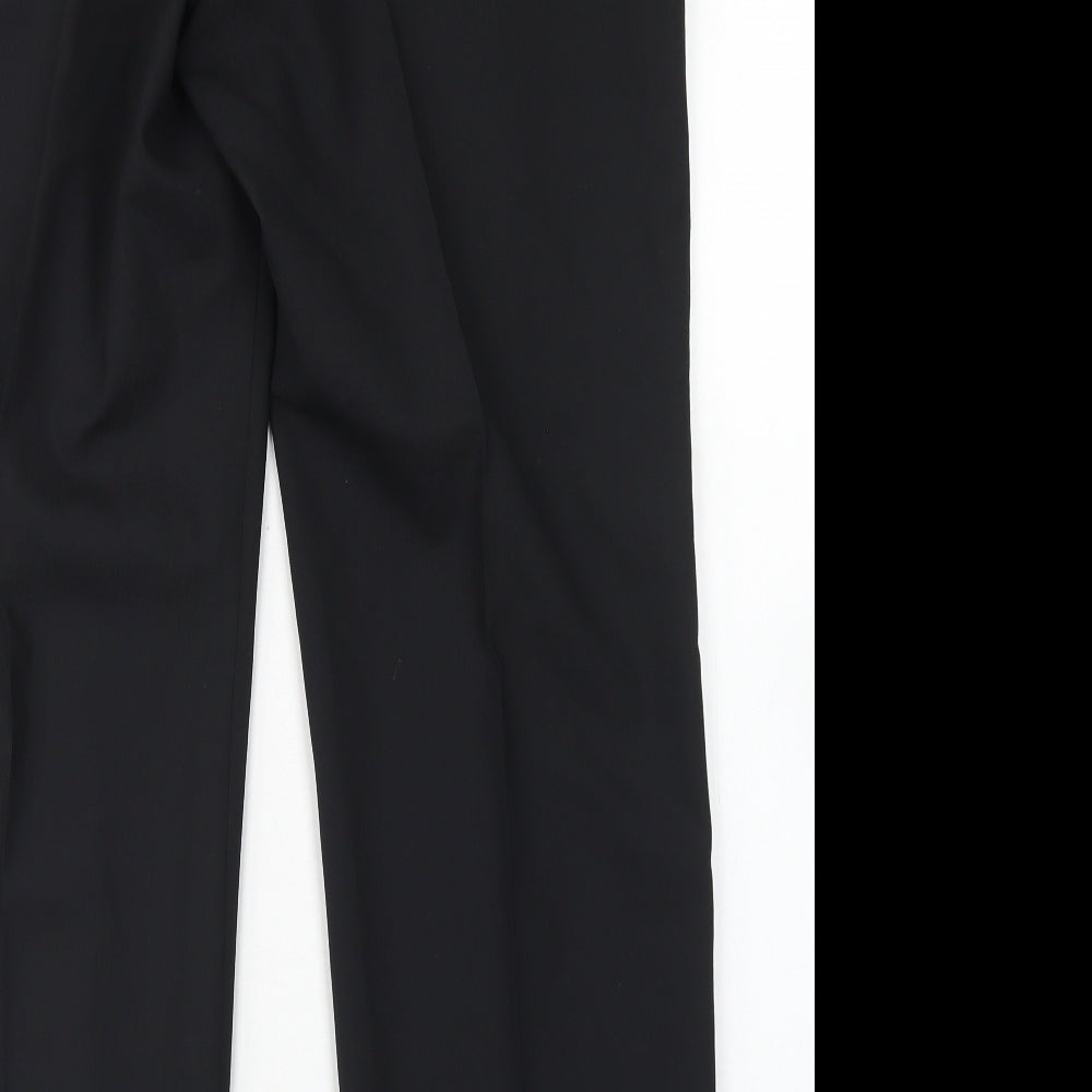 Brand and care label for Preworn men’s black polyester dress pants trousers, size 34, in, 28-inch leg regular hook & eye
