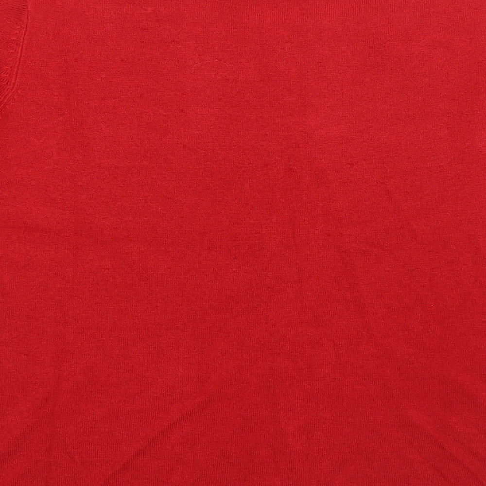 Brand and care label for Love Knitwear women’s red boat neck plaid acrylic jumper, size UK 12, - ribbed knit detail