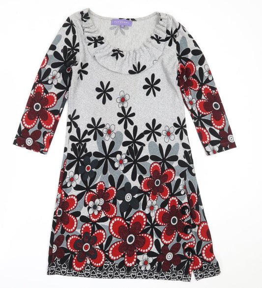 Additional front view of Autonomy women’s grey floral polyester jumper dress, size UK 10, round neck