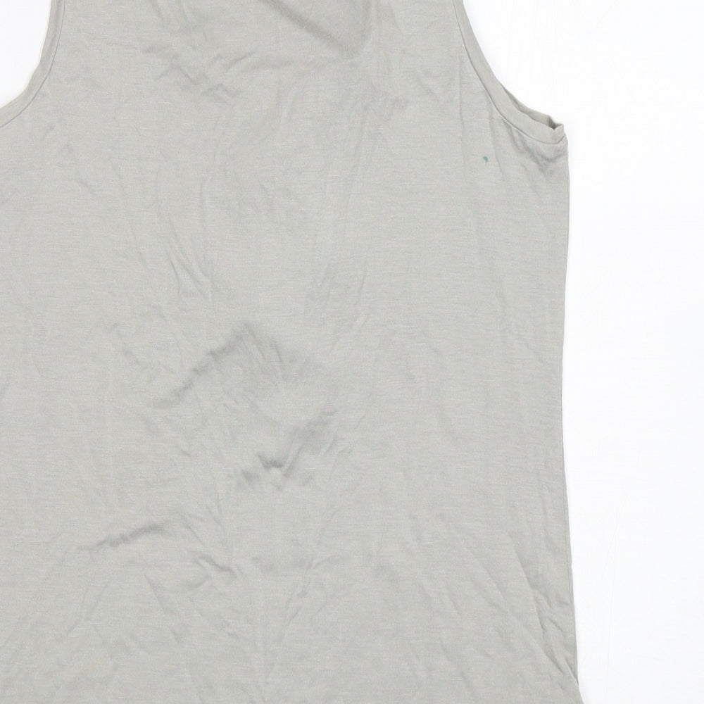 Brand and care label for Ann Taylor women’s grey elastane basic tank, size M, round neck