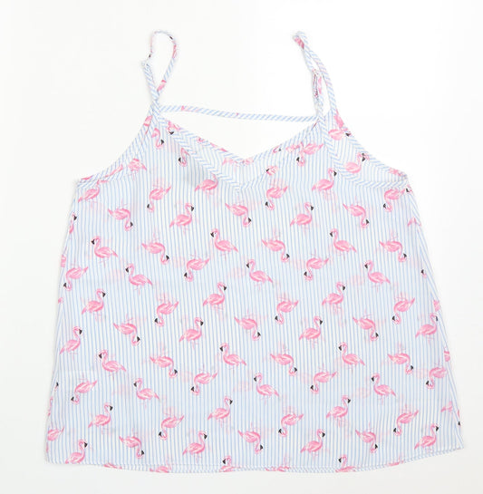 Primark Womens Blue Striped Polyester Basic Tank Size 12 V-Neck - Flamingo Print