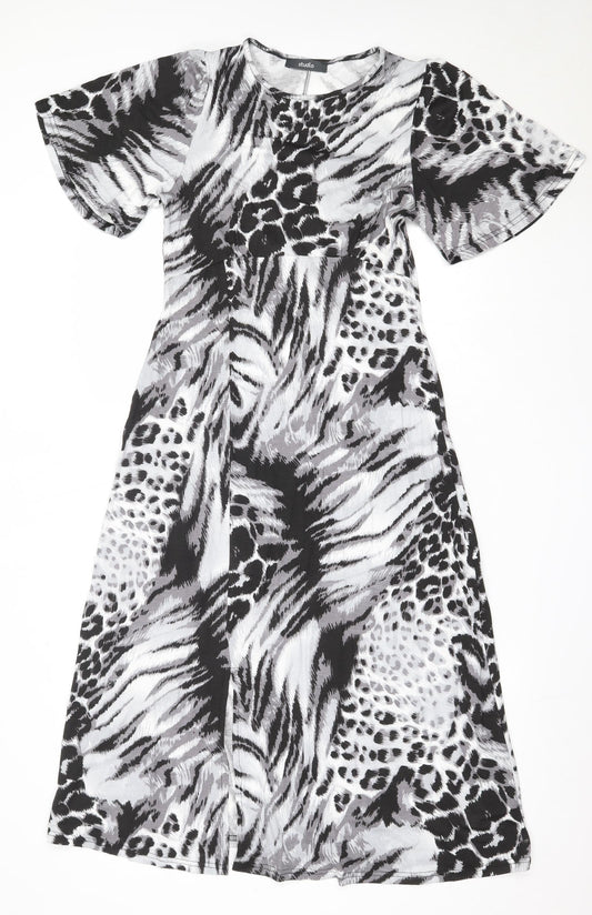 Additional front view of Studio women’s black animal print viscose fit & flare, size UK 8, round neck