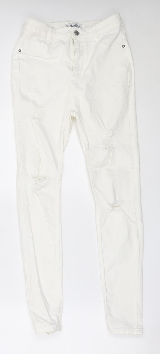 Additional front view of Pull&Bear women’s ivory cotton skinny jeans, size UK 36, 27-inch leg regular