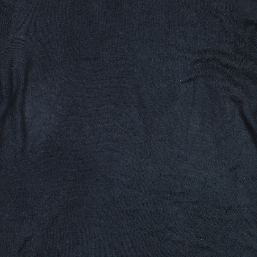 Brand and care label for Cedarwood State men’s blue round neck acrylic jumper, size L