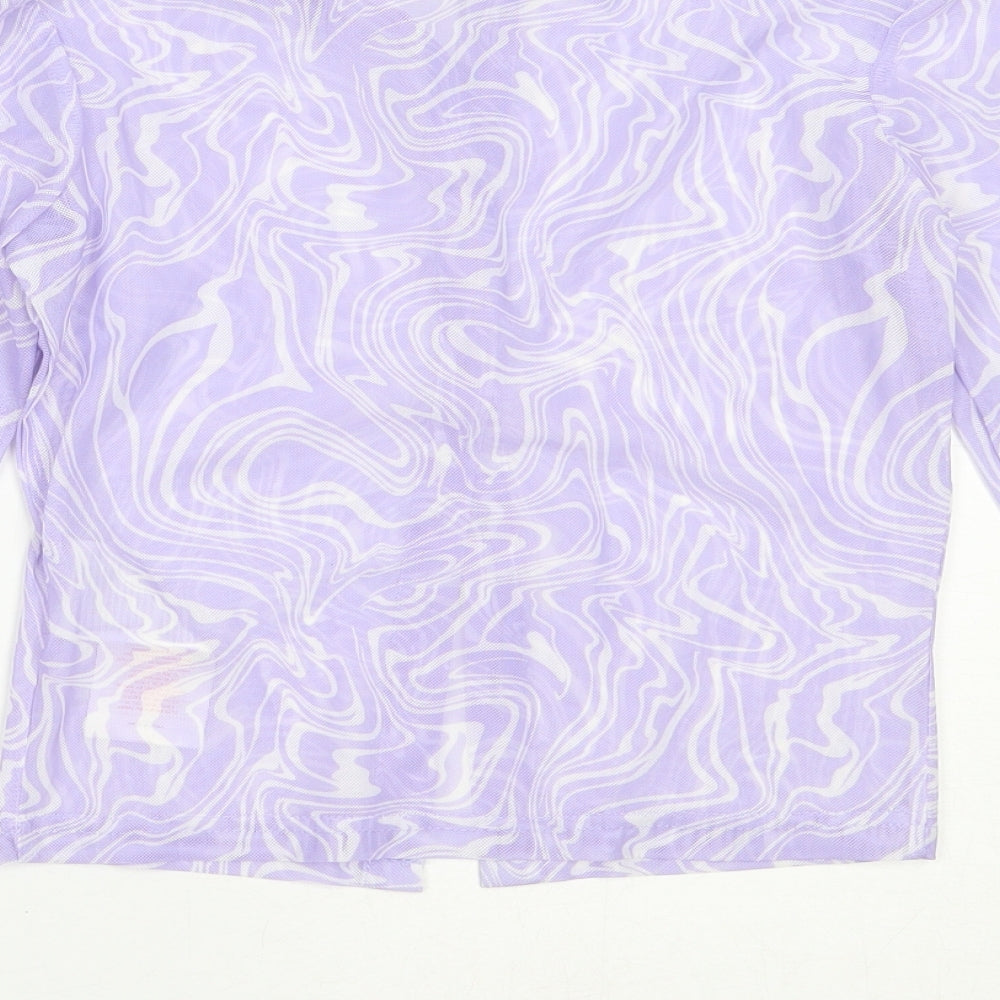 Brand and care label for Brave Soul women’s purple polyester basic button-up, size XS, collared