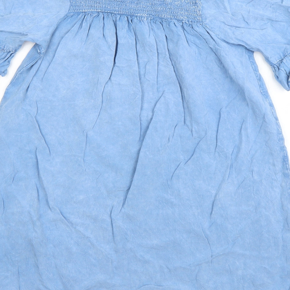 Brand and care label for influence women’s blue viscose basic t-shirt, size UK 10, square neck
