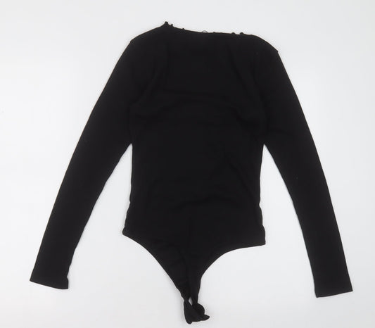 Back view of Missguided women’s black polyester bodysuit one-piece, size UK 10, buckle - lettuce edge