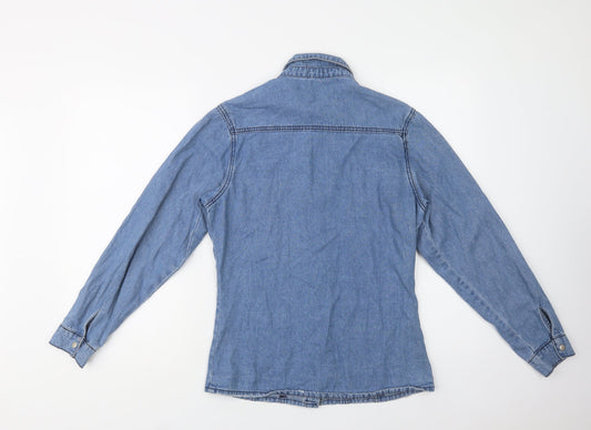 Boohoo Womens Blue Cotton Basic Button-Up Size 10 Collared