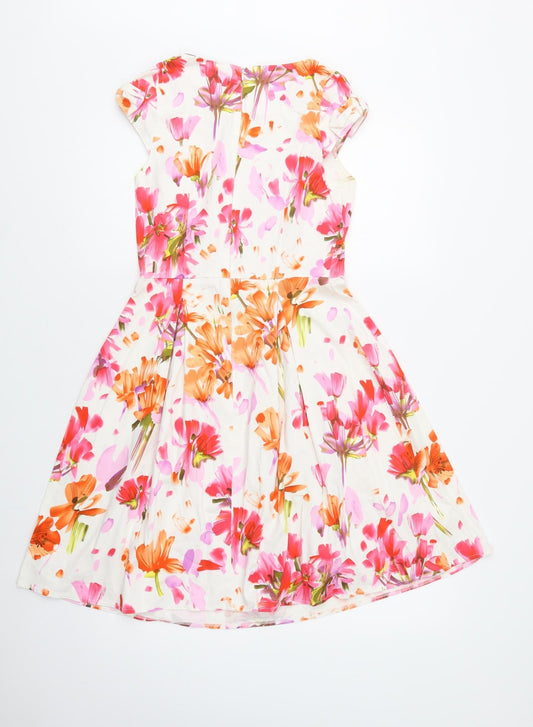 Savida Womens White Floral Cotton Fit & Flare Size 8 Round Neck Zip